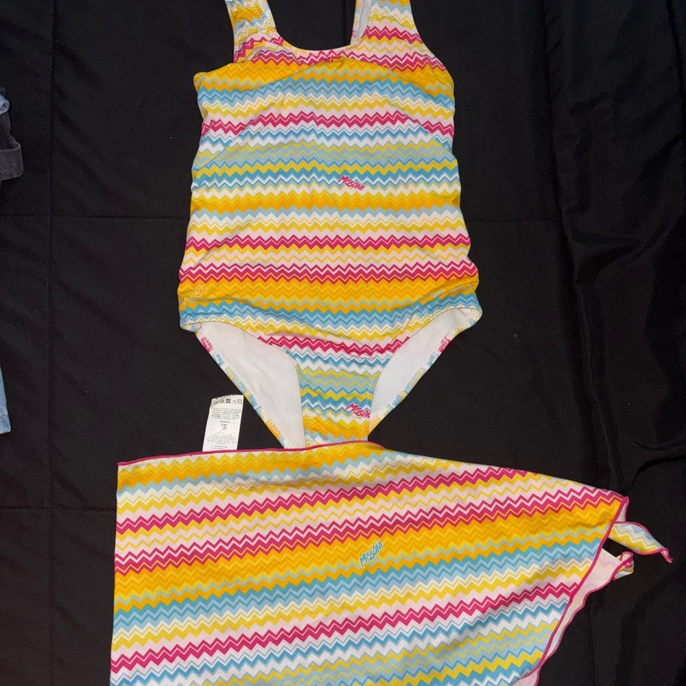 Missoni Kids One-Piece Swimsuit in Yellow, Pink, Blue Chevron With Scarf